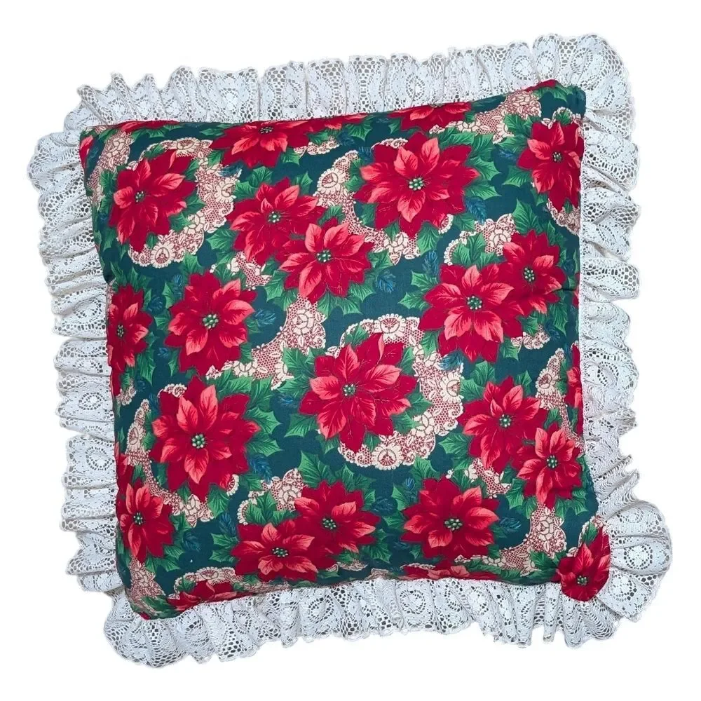 Handmade Poinsettia ruffle pillow 17X17 Christmas Holiday decorative accent